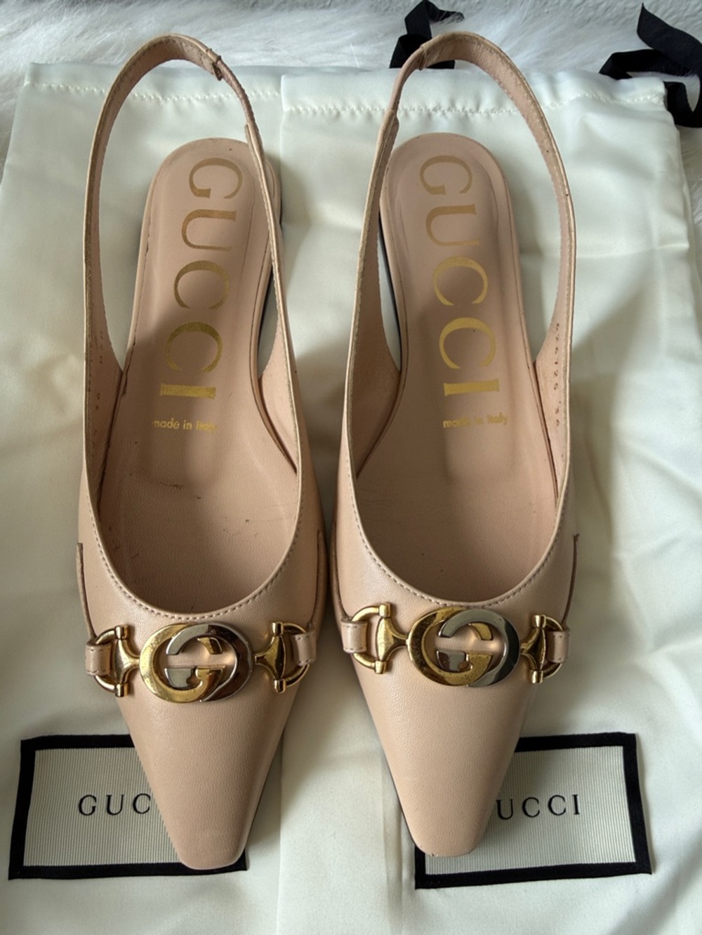 Gucci Blush Leather Pointed Slingback Flat Mules with Gold Double G - Picture 4 of 11